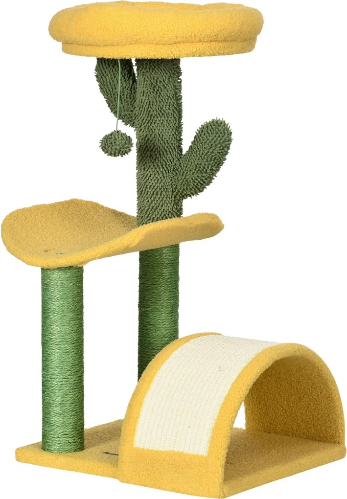 PawHut 72 cm Macska Kaparófája Fa Tevékenységi Központ Ágyjal, Zsineges Kaparóoszlop, Görbített Kaparófának és Függő Labdának 40x35x72 cm Sárga | Aoso