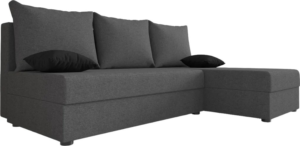 Ágyazható, kétoldalas L alakú kanapé VALERIO SLIM 200x140 cm, sötétszürke színű + 2 db díszpárna INGYEN