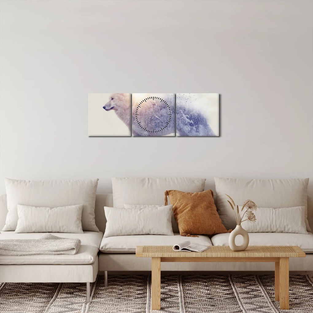 Kép - Vad tájakat tükröző sarkvidéki farkas (órával) (90x30 cm)