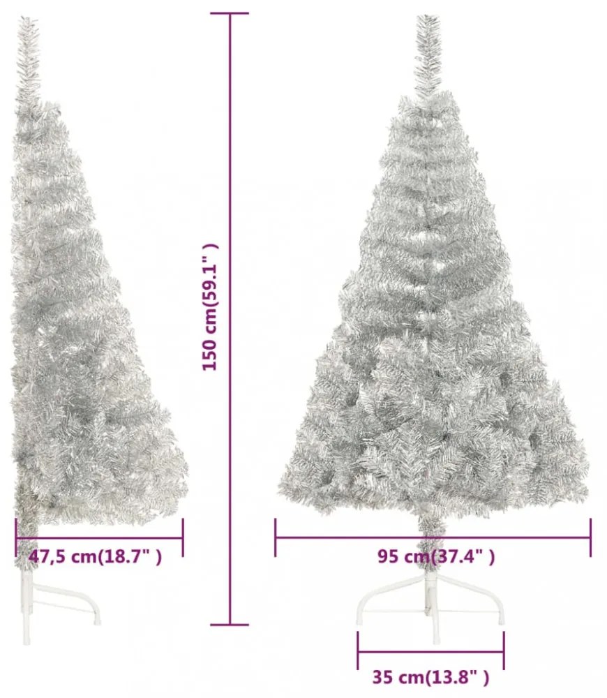 ezüstszínű PET fél műkarácsonyfa állvánnyal 150 cm