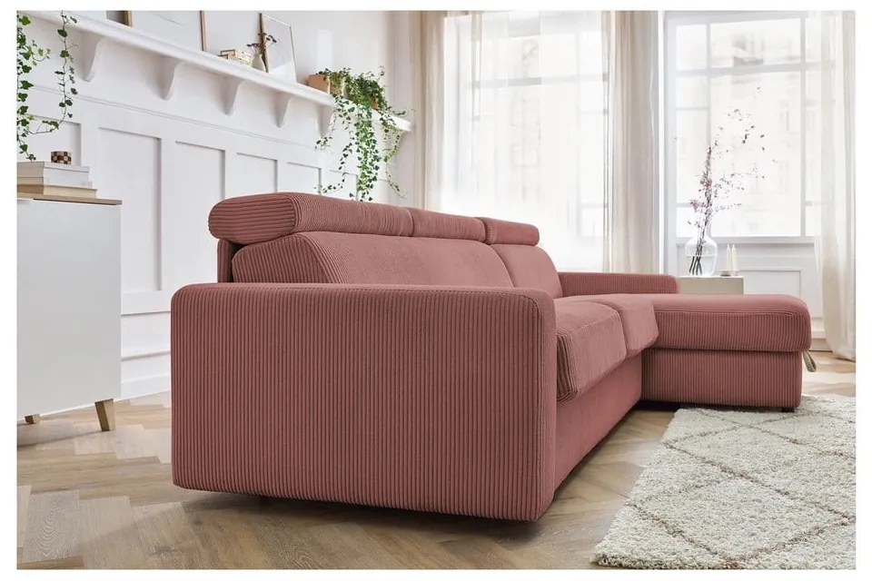 Rózsaszín kordbársony kinyitható sarokkanapé (variálható) Monaco – Bobochic Paris