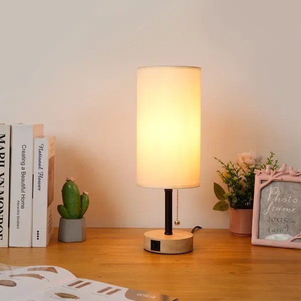 Brilagi - TABLON asztali lámpa USB-porttal 1xE27/25W/230V tölgy/fekete/krémszínű