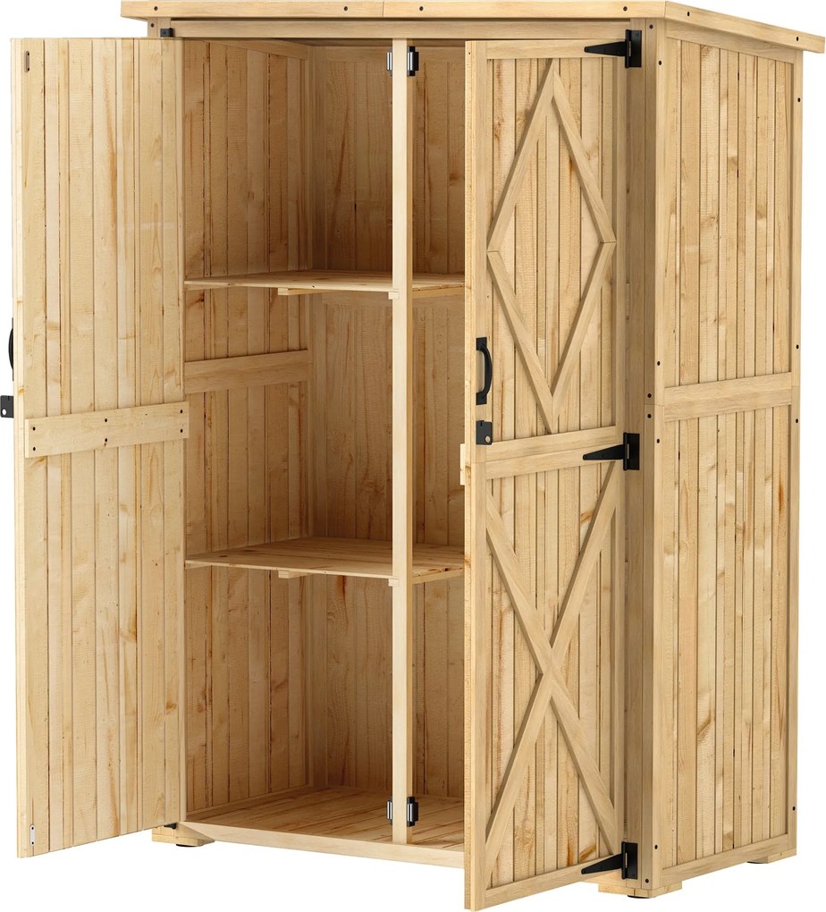Outsunny Kerti Szekrény Fa, Szerszám Tároló Zárható Dupla Ajtóval, Aszfalt Tető, Mérete: 116,5x57x167cm, Időjárásálló Szerszámtároló, Szerszámos Szekr