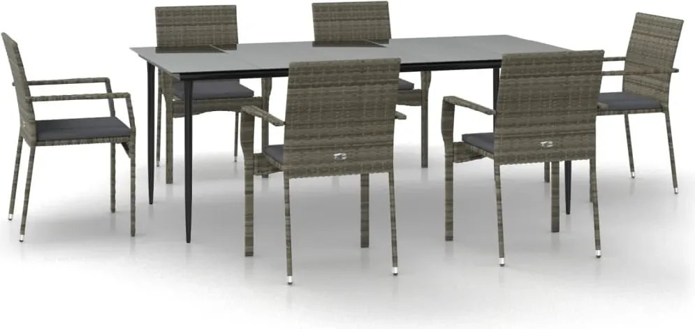 vidaXL 7 részes fekete és szürke polyrattan kerti étkezőszett párnával