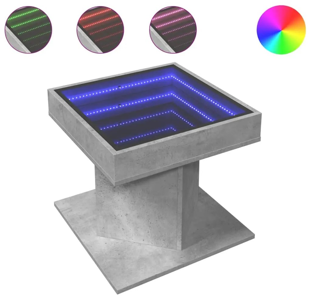 Betonszürke szerelt fa dohányzóasztal LED-del 50 x 50 x 45 cm