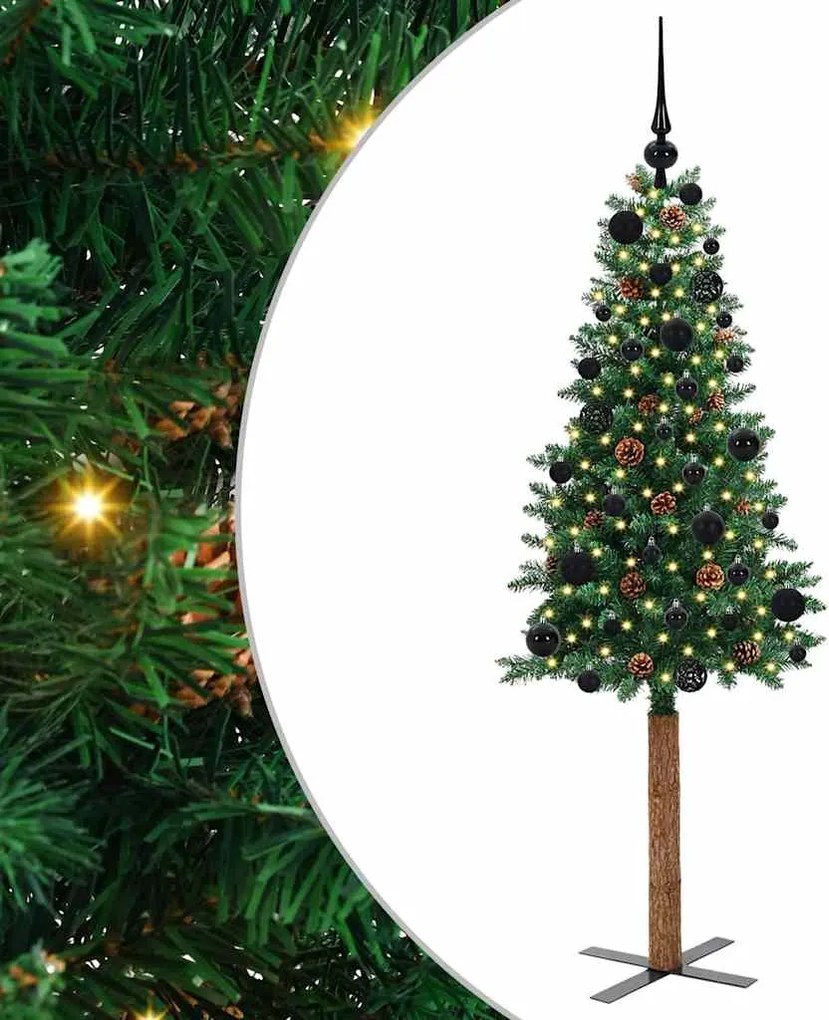 vidaXL Karcsú karácsonyfa 150 LED-del Zöld 150 cm PVC és tömör fenyőfa