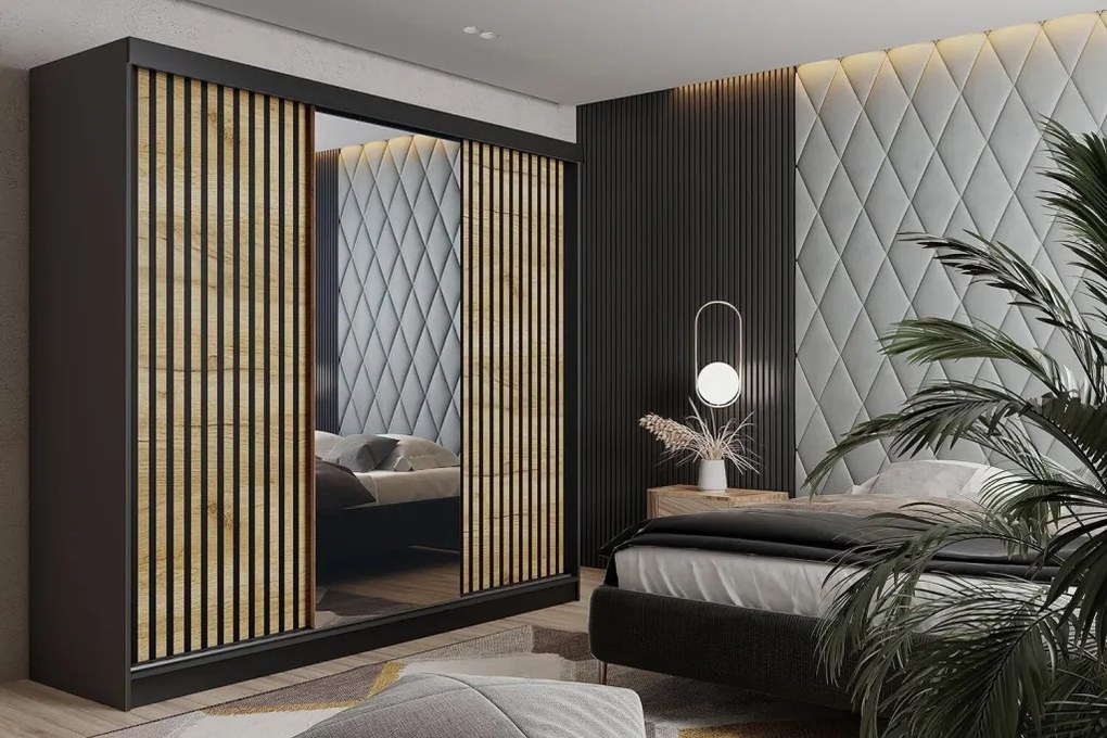 Malani 200 Tolóajtós Szekrény 200cm, Grafit-Arany Tölgy