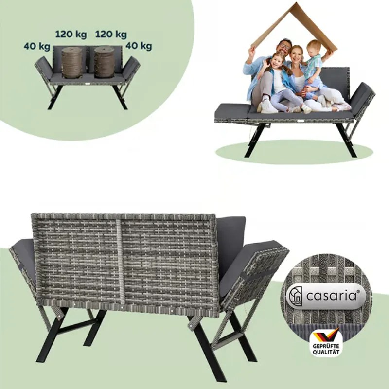 Kerti pad 2in1 polirattanból 176 × 56 × 81 cm fekete / krém