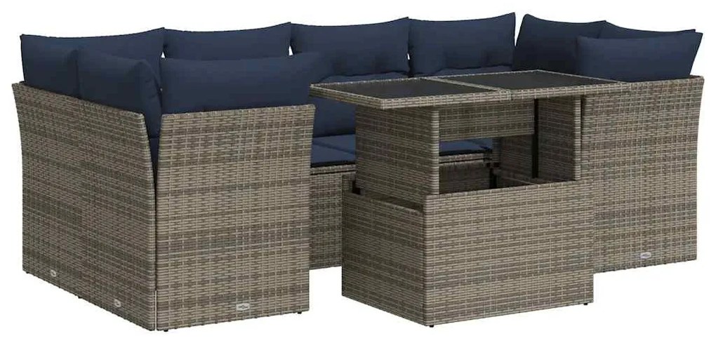 7 részes szürke polyrattan akácfa kerti ülőgarnitúra párnákkal
