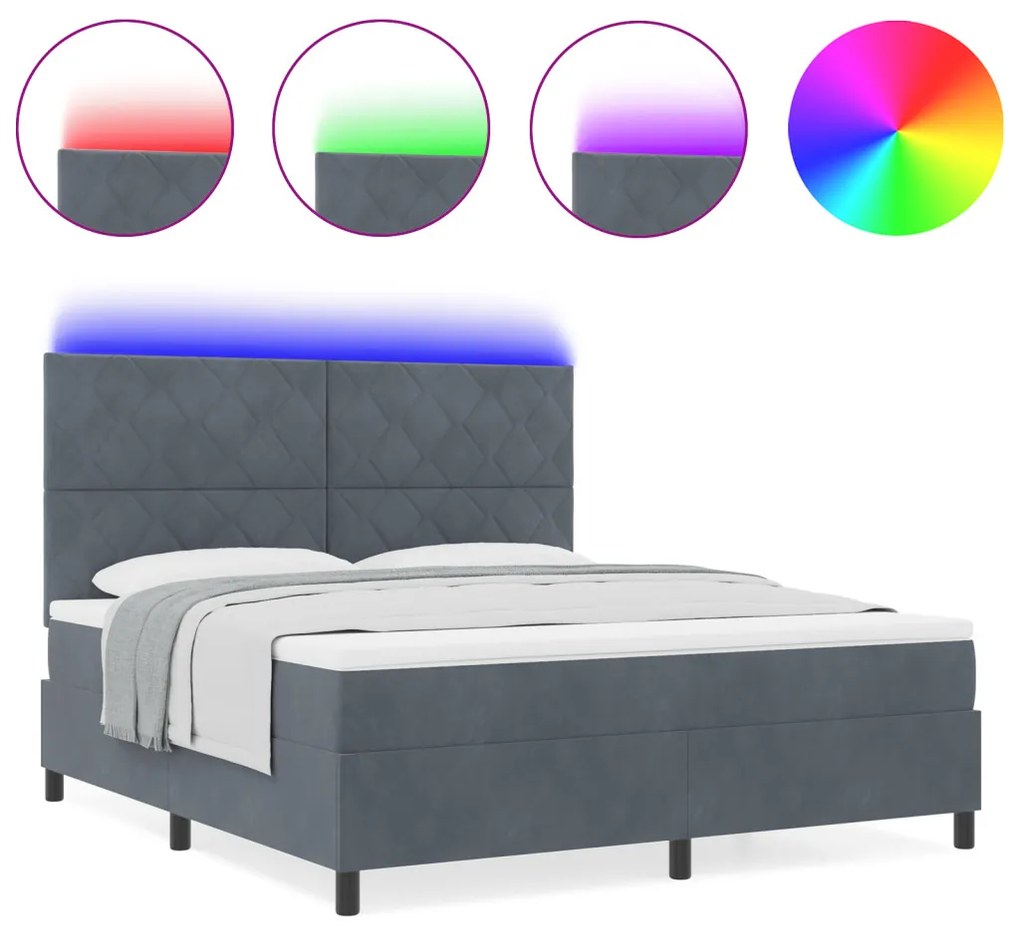 Boxspring Ágy Matrac & LED Sötétszürke 180x200 cm Bársony