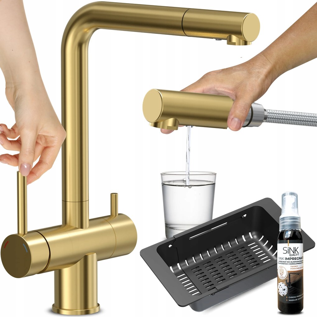 Háromutas Konyhai Csaptelep Arany Kihúzható Kifolyócsővel, Kétkaros