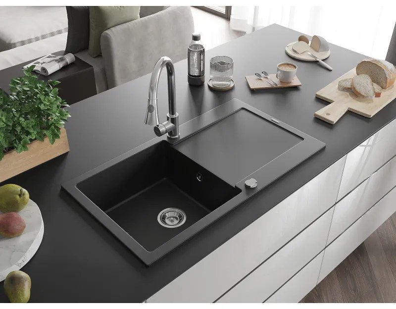 Mexen Leo, 1 kamrás gránit mosogató 900x500x190 mm és Elia mosogató csaptelep, fekete, 6501-77-670101-00