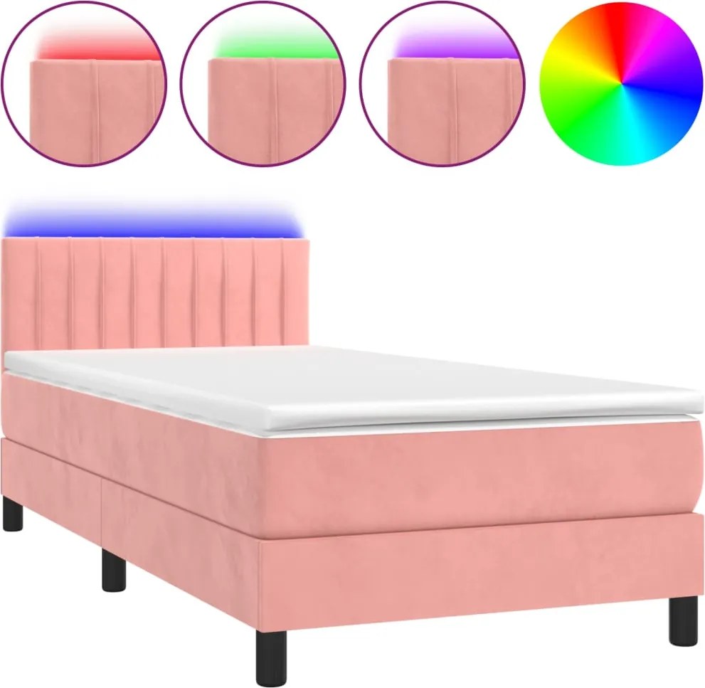 vidaXL rózsaszín bársony rugós és LED-es ágy matraccal 80 x 200 cm