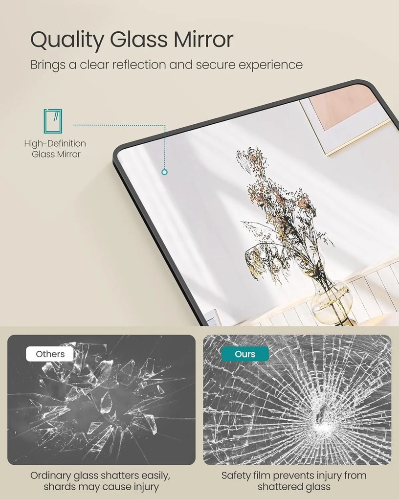 Álló tükör, teljes alakos tükör, 50 x 160 cm, alumíniumötvözet váz, edzett üveg, fekete