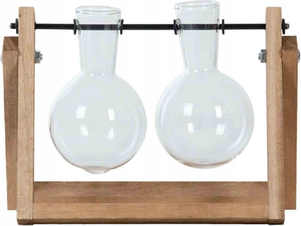 Dupla üveg váza lombik fa keretben loft stílus boho dekoráció