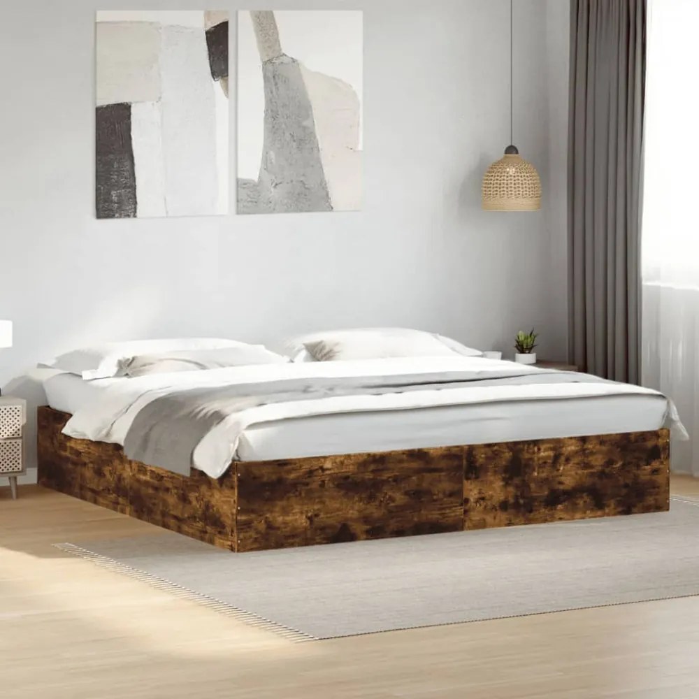 füstös tölgy színű szerelt fa ágykeret 200 x 200 cm