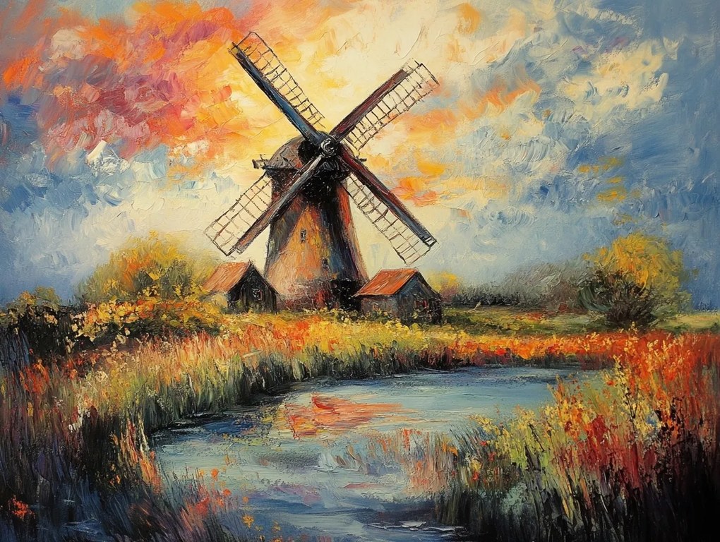 Vászonkép Canvas Tájkép Hollandia Szélmalom Naplemente Tó 80x60