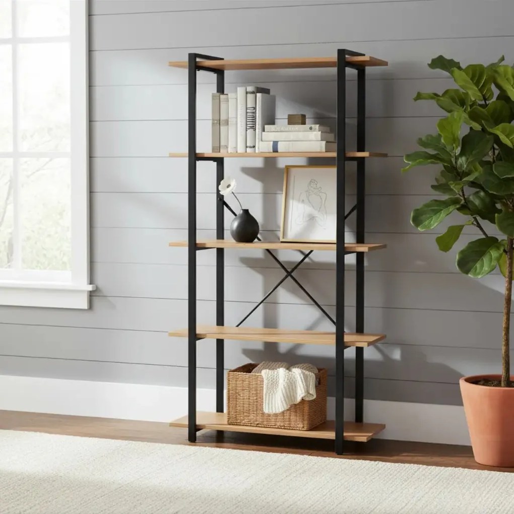 Intenso Home 5 szintes tölgy színű nyitott könyvespolc 80 x 152cm | Univerzális tároló állvány fém lábakkal