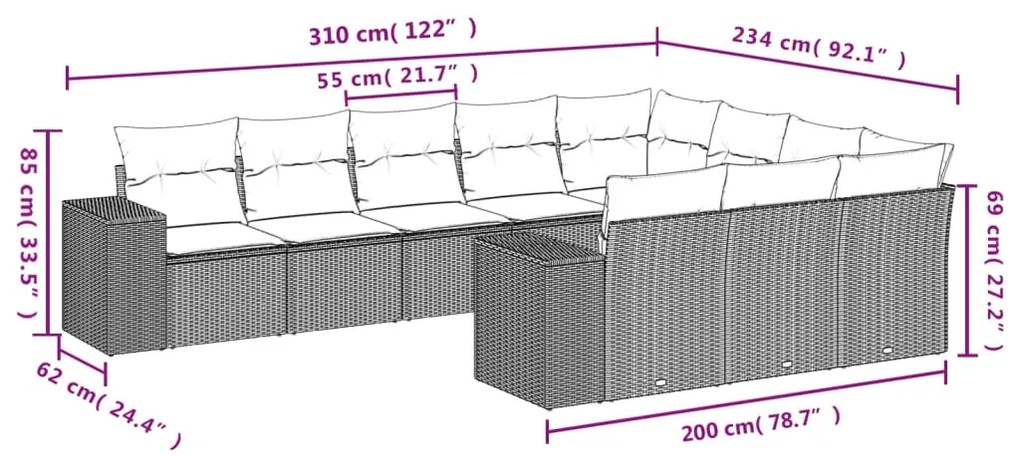 10 részes bézs polyrattan kerti ülőgarnitúra párnával