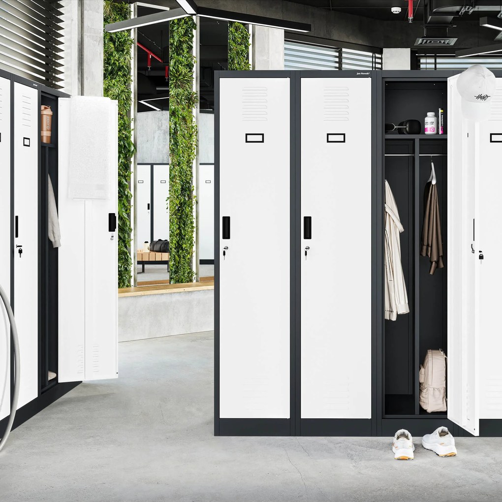 Pléh öltözőszekrény talpazaton, kétmodulos, polccal és köztes fallal KACPER, 800 x 1800 x 500 mm, antracit-fehér