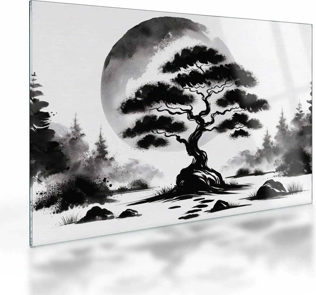 Üveg kép – Fekete-fehér bonsai (70x50 cm)