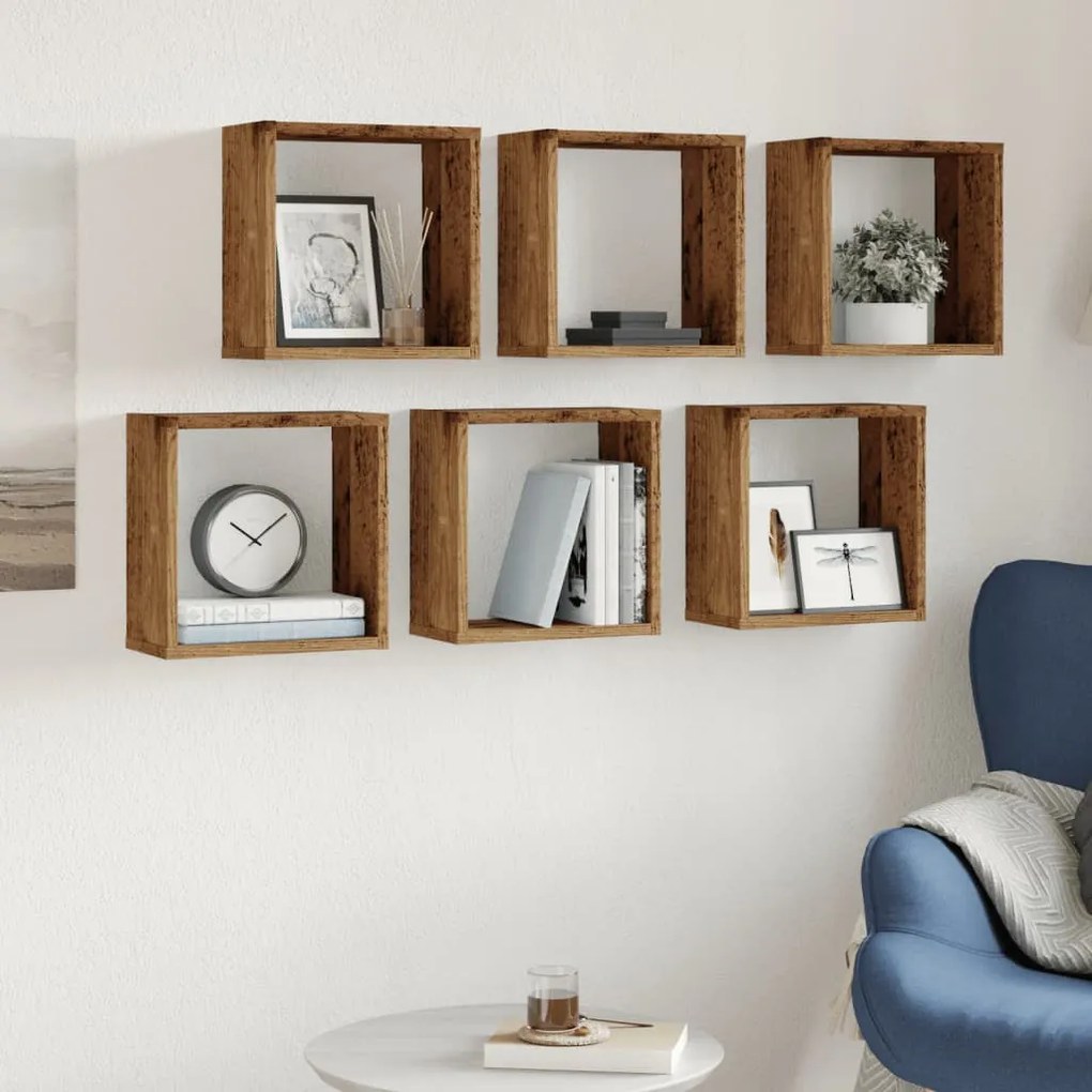 6 db antik fa színű szerelt fa fali kockapolc 30x15x30 cm