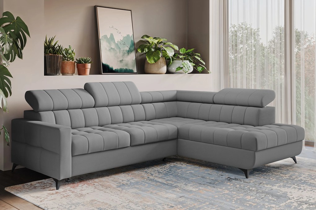 Nardo L sarokkanapé ágyfunkcióval jobb oldali - szürke plüss Pretty 17