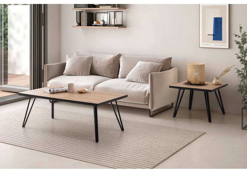 Fekete-natúr színű dohányzóasztal tölgyfa dekoros asztallappal 60x60 cm Sindi – Marckeric