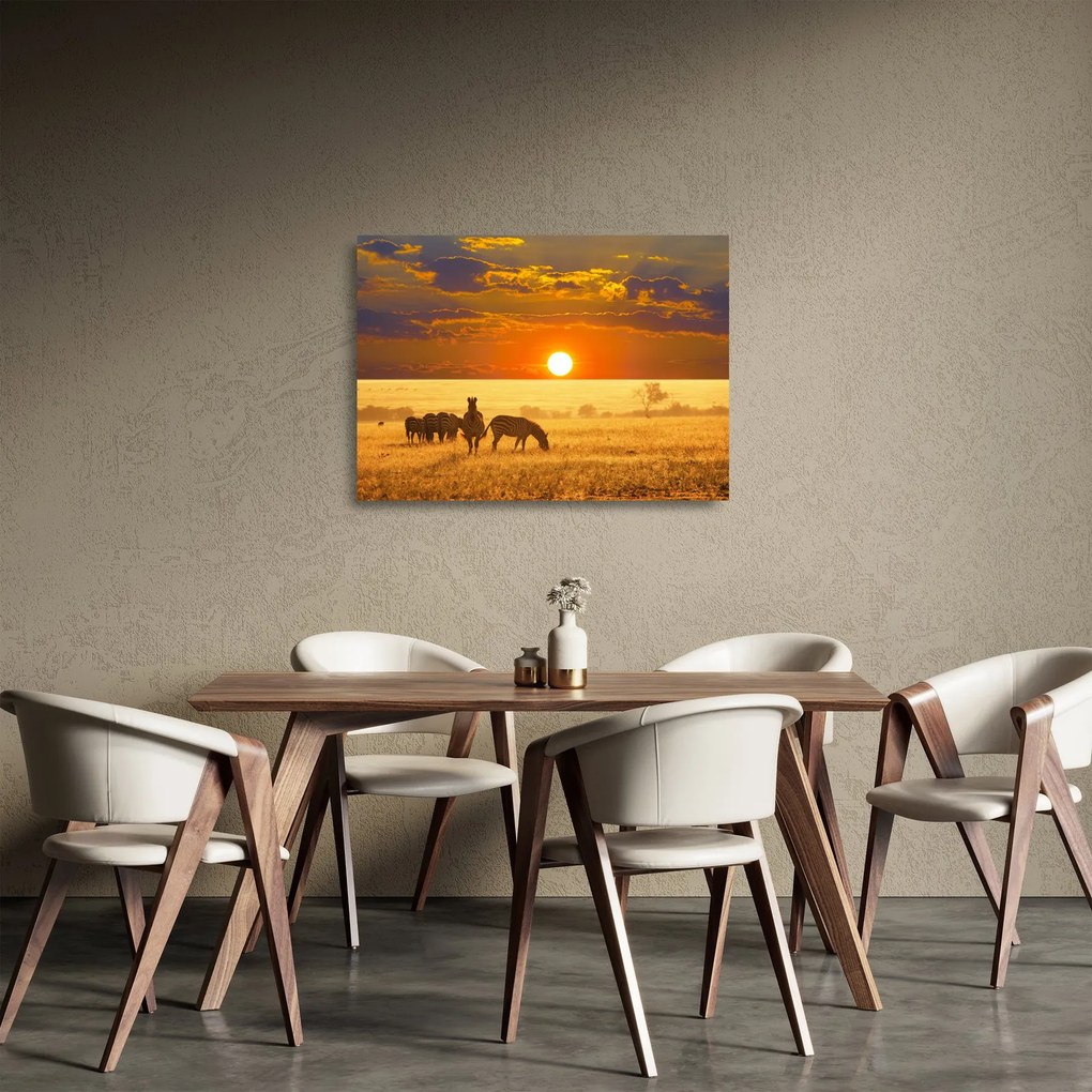 Üveg kép - Zebrák naplementével (70x50 cm)