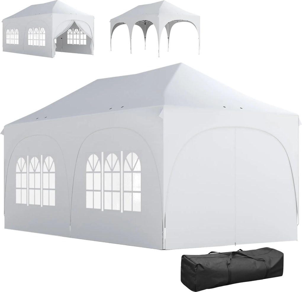Outsunny 3 x 6 m vízálló pop-up pavilon — állítható magasság, csúcsos tető, vízelvezető szellőzők, levehető oldalfalak, UPF30+ — fehér | Aosom
