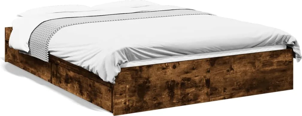 vidaXL füstös tölgy színű szerelt fa ágykeret fiókokkal 135 x 190 cm