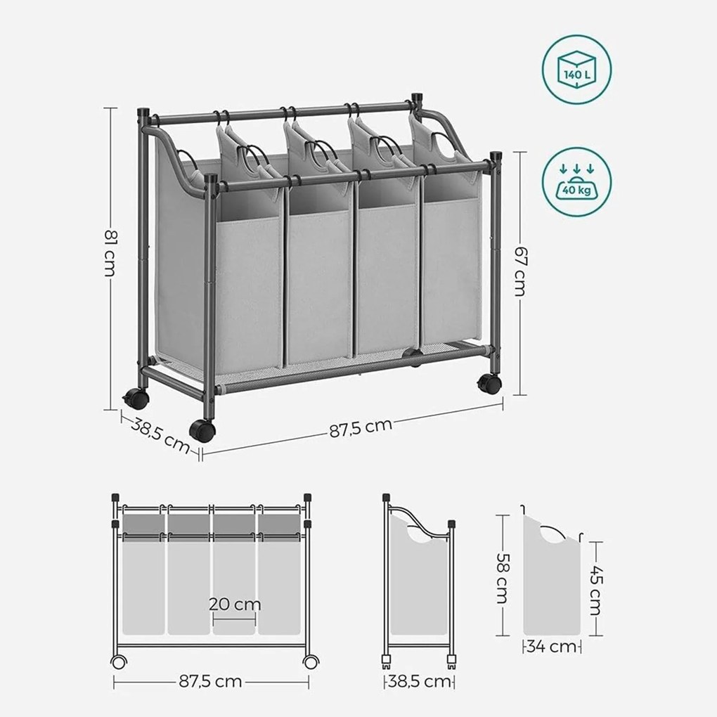 Szennyeskosár görgőkkel 4 x 35L, 4 kivehető táskával, szürke