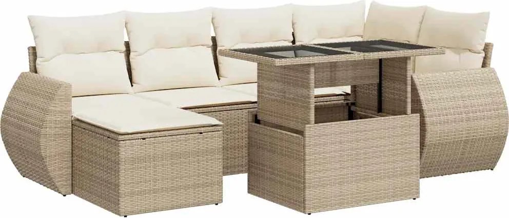 vidaXL 7 részes bézs polyrattan kerti ülőgarnitúra párnákkal