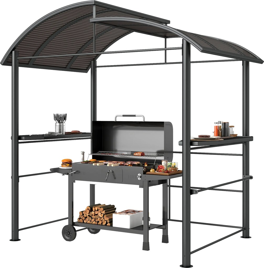 Outsunny Grill Színpadi Tetővel, Tűzálló, BBQ Pavilon 2 Polccal, Grill Napernyő UV Védelemmel, Pergola Kerthez, Erkélyhez, Acél PC Sötétszürke, 240 x