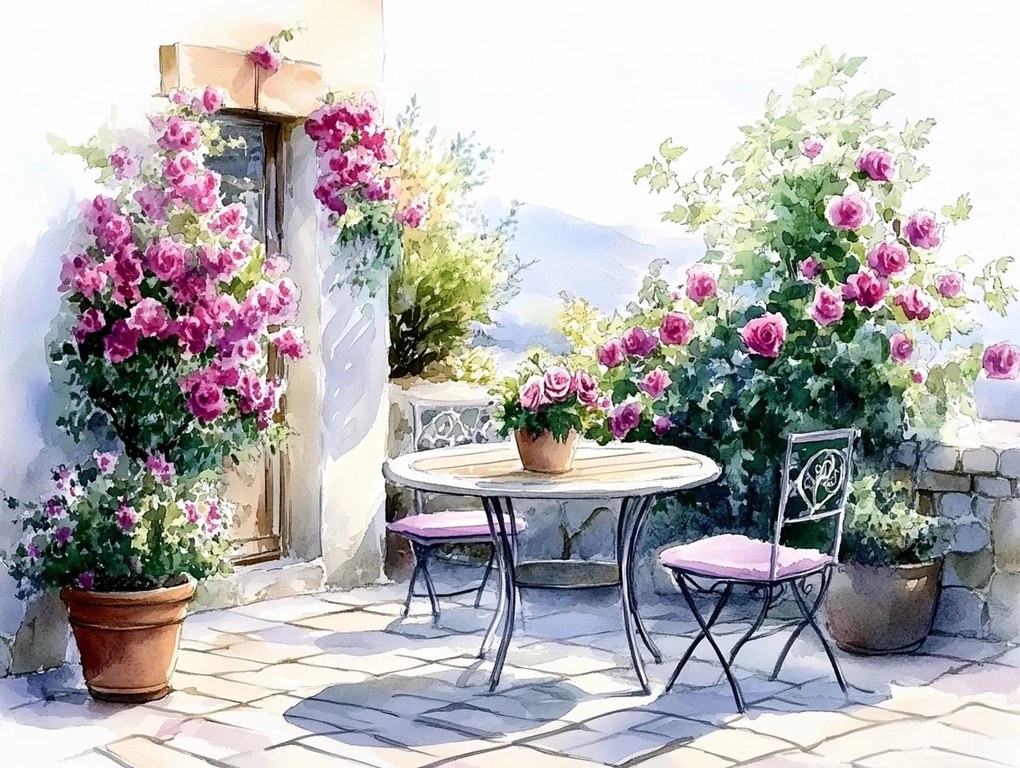 Vászonkép Canvas Tájkép Ház Terasz Kert Virágok Rózsák Hegyek 100x75