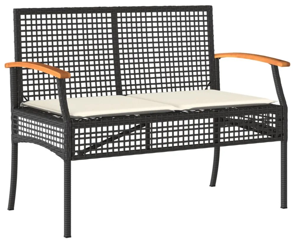 fekete polyrattan és akácfa kerti pad párnával