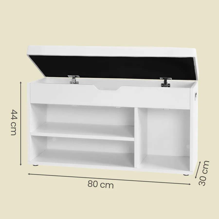 Tárolós Pad Párnával, Cipőpad Párnázott Üléssel, 30 x 80 x 44 cm, fehér