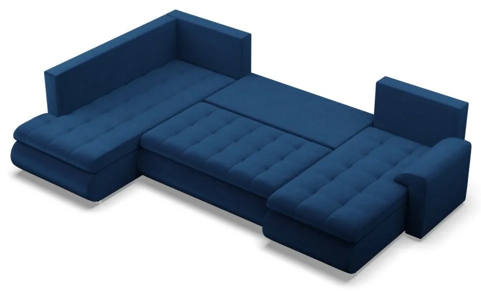 Tokio U sarokkanapé, 3 ágyneműtartóval, bársony, baloldali, kék
