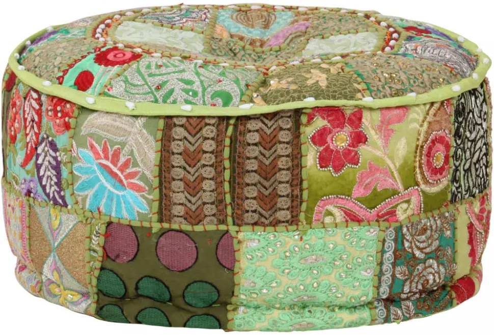 kézzel készült kerek zöld pamut patchwork puff 40 x 20 cm