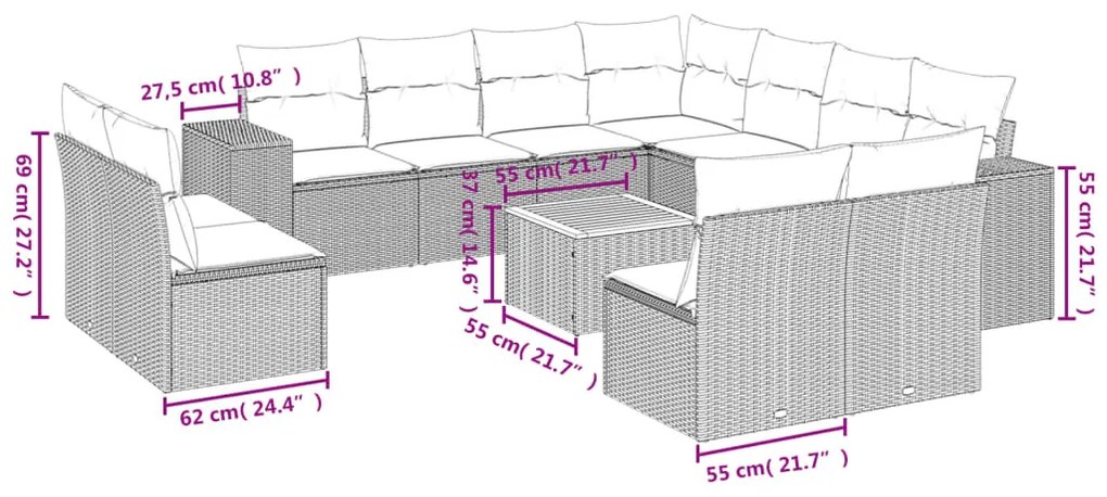 12 részes bézs polyrattan kerti ülőgarnitúra párnákkal