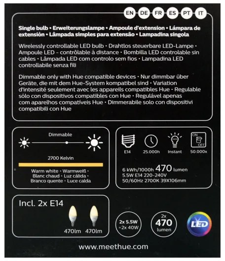 KÉSZLET 2x LED Dimmelhető izzó Philips Hue WHITE E14/5,5W/230V 2700K