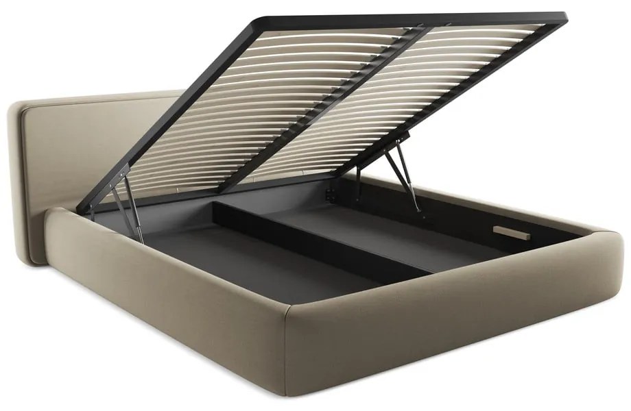 Bézs kárpitozott ágyneműtartós franciaágy ágyráccsal 180x200 cm Kiana – Makamii