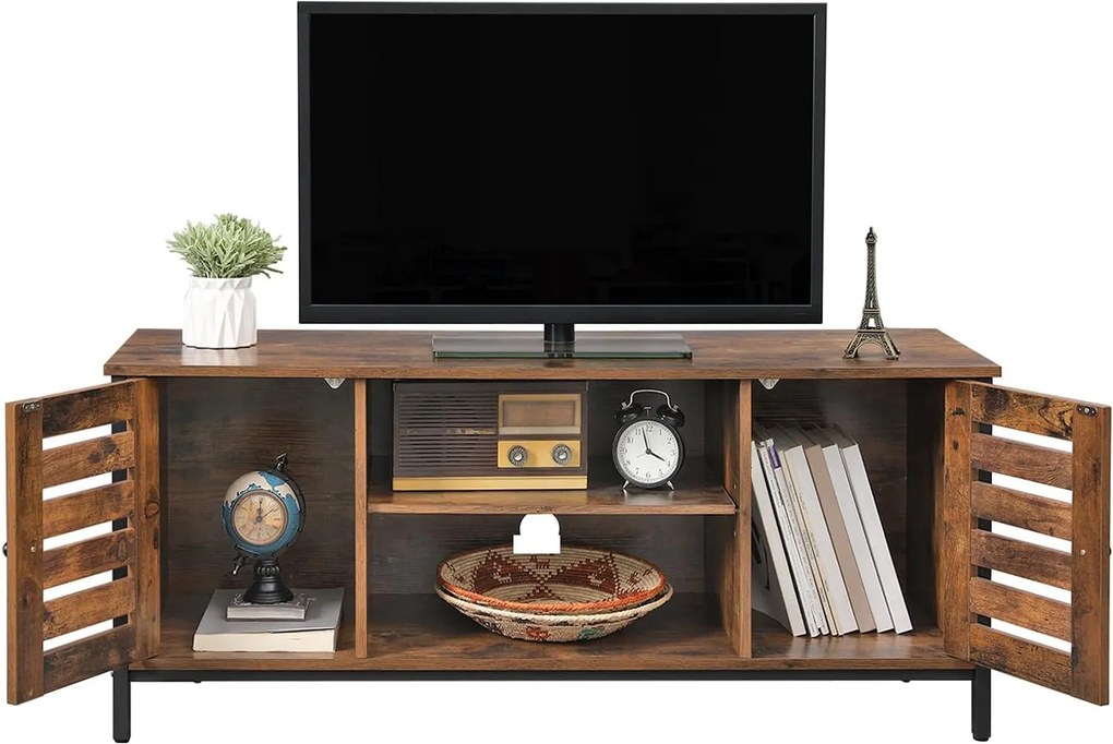 TV-szekrény lamellás ajtókkal, állítható polccal és tárolórekeszekkel, 110 x 40 x 50 cm, rusztikus barna/fekete