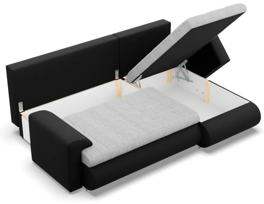 Tokio sarokkanapé, 2 ágyneműtartóval, fonott + műbőr, jobboldali, szürke - fekete