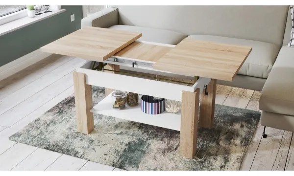 Bővíthető dohányzó/étkezőasztal polccal ADONIS sonoma tölgy/fehér