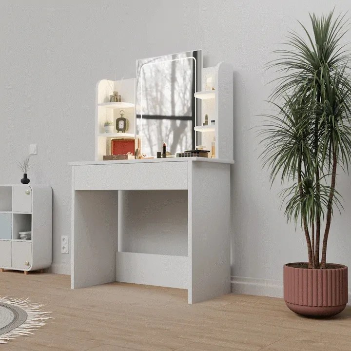 Modern fehér sminkasztal LED tükörrel és polcokkal Zoey