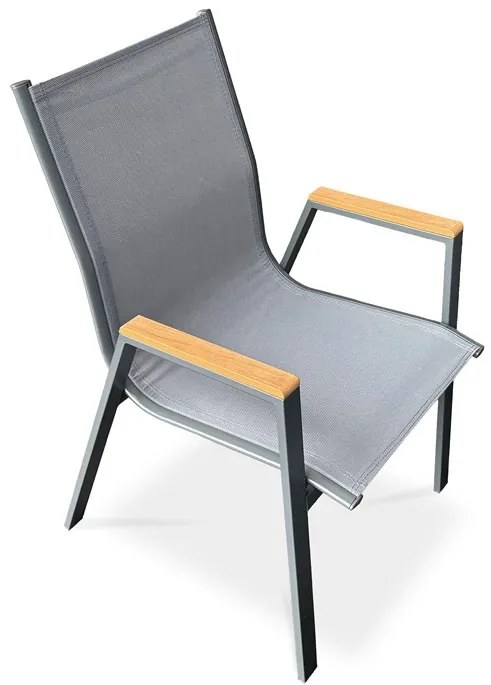 Kerti szék, szürke textilén, szürke fémváz, polywood karfa tölgy dekorral