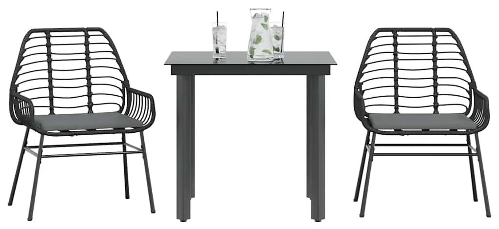 vidaXL 3 részes fekete polyrattan üveg kerti étkezőgarnitúra párnákkal