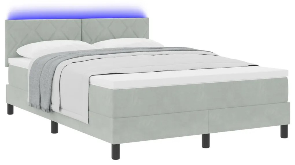 vidaXL LED Box Spring Ágy matracmal Világosszürke 140 x 190 cm Bársony