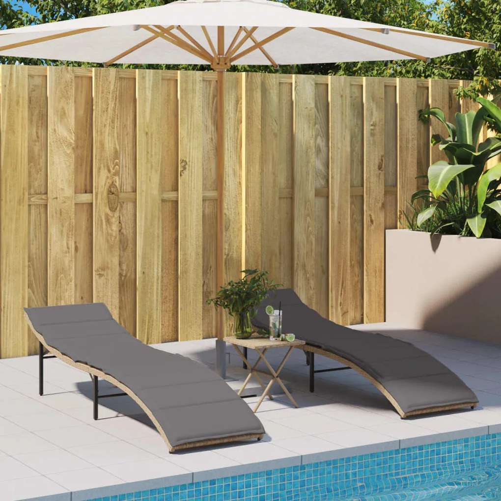 Bézs polyrattan napozóágy párnával 55x199x50 cm